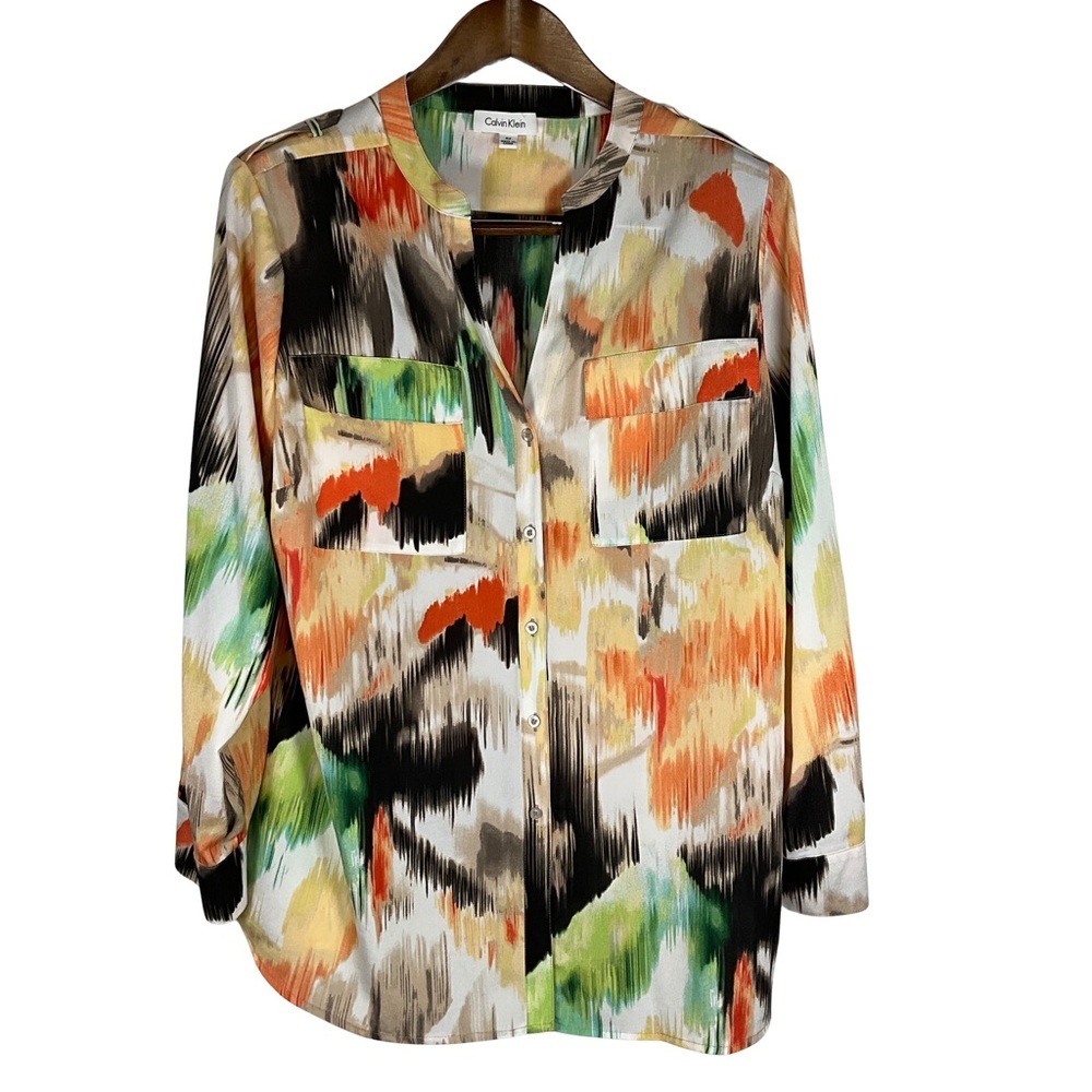 Calvin Klein Shirt Size 14/16 Abstract Button-Down Lightweight Tab Sleeves